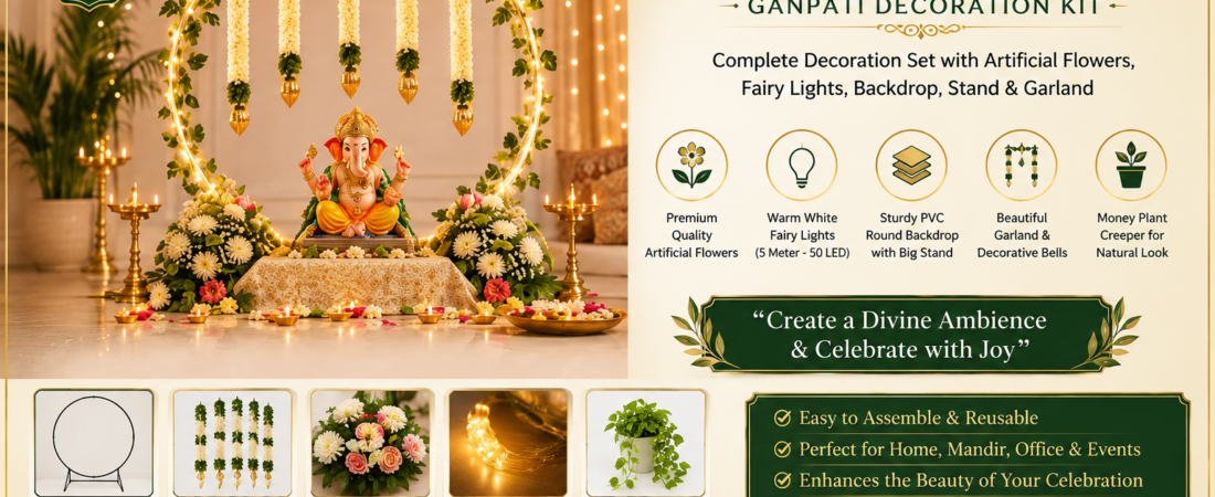 Ganpati Decoration Kit with Artificial Flowers, Fairy Lights & Round Backdrop Stand