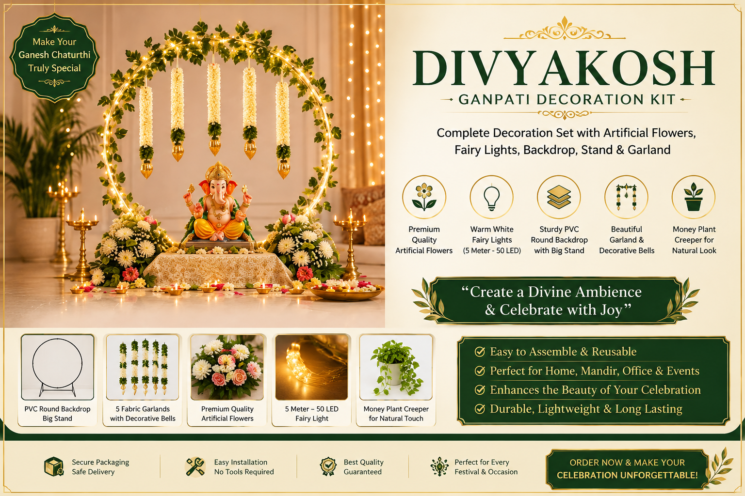 Ganpati Decoration Kit with Artificial Flowers, Fairy Lights & Round Backdrop Stand