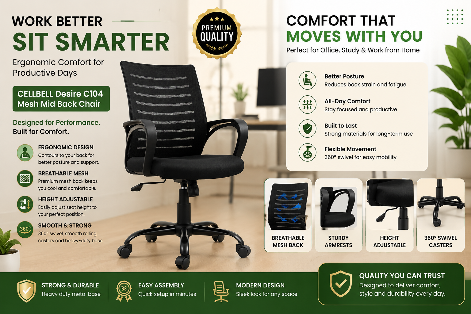 CELLBELL Desire C104 Mesh Mid-Back Office Chair – Ergonomic & Adjustable